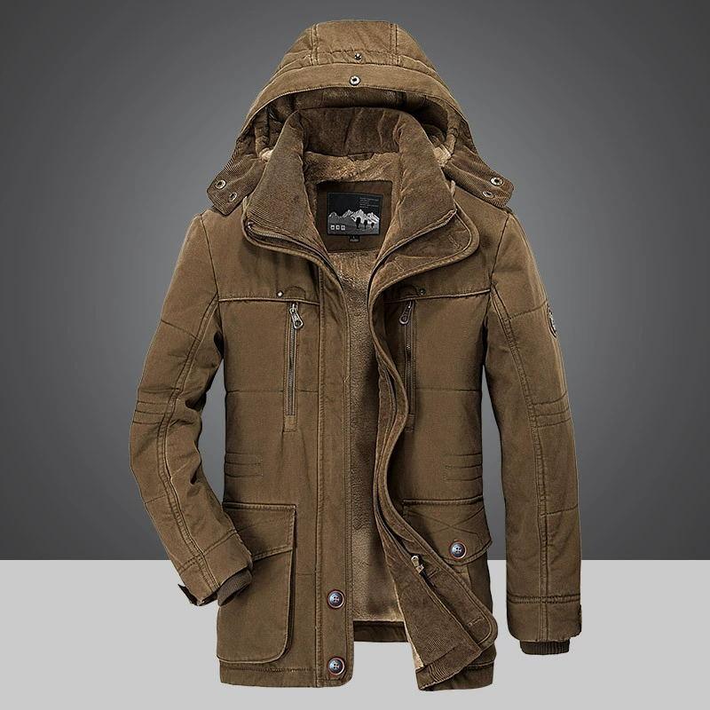 Men's Long Crochet Coat - Warm Hooded Jacket with Fleece Lining for Winter Comfort