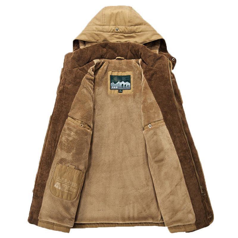 Men's Long Crochet Coat - Warm Hooded Jacket with Fleece Lining for Winter Comfort