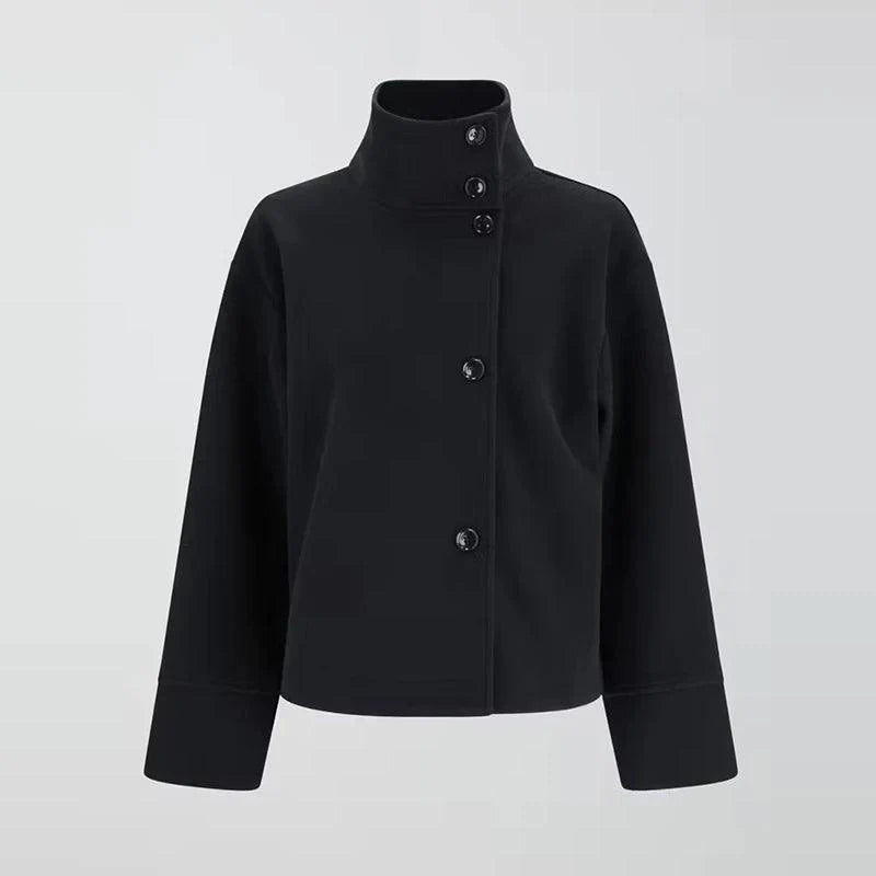 Stand Collar Women’s Woolen Coat – Elegant Single Breasted Short Jacket