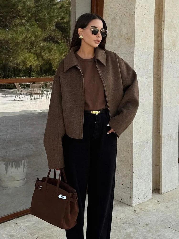 Women's Brown Woolen Jacket – Elegant Short Coat with Zipper & Lapel