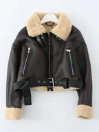 Women's Winter Faux Shearling Moto Jacket – Warm Short Biker Coat with Belt, Streetwear Leather Outerwear