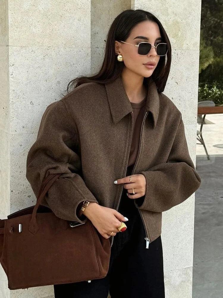 Women's Brown Woolen Jacket – Elegant Short Coat with Zipper & Lapel