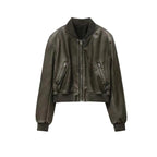 Women's Vintage Faux Leather Bomber Jacket – Short Black Stand Collar Streetwear Coat