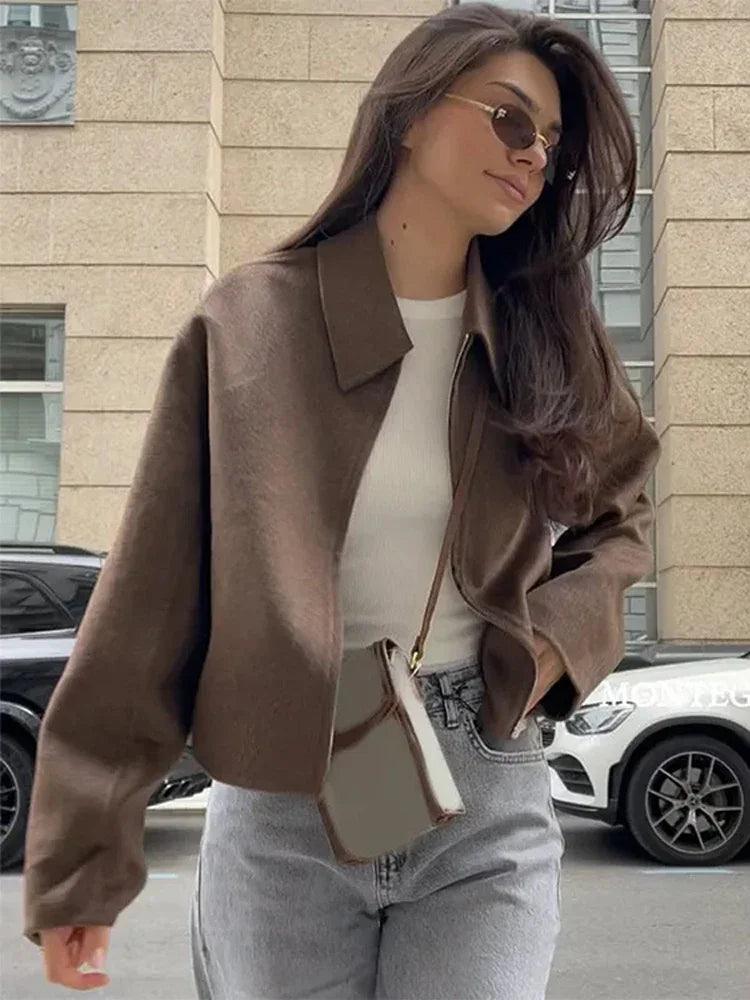 Women's Brown Woolen Jacket – Elegant Short Coat with Zipper & Lapel
