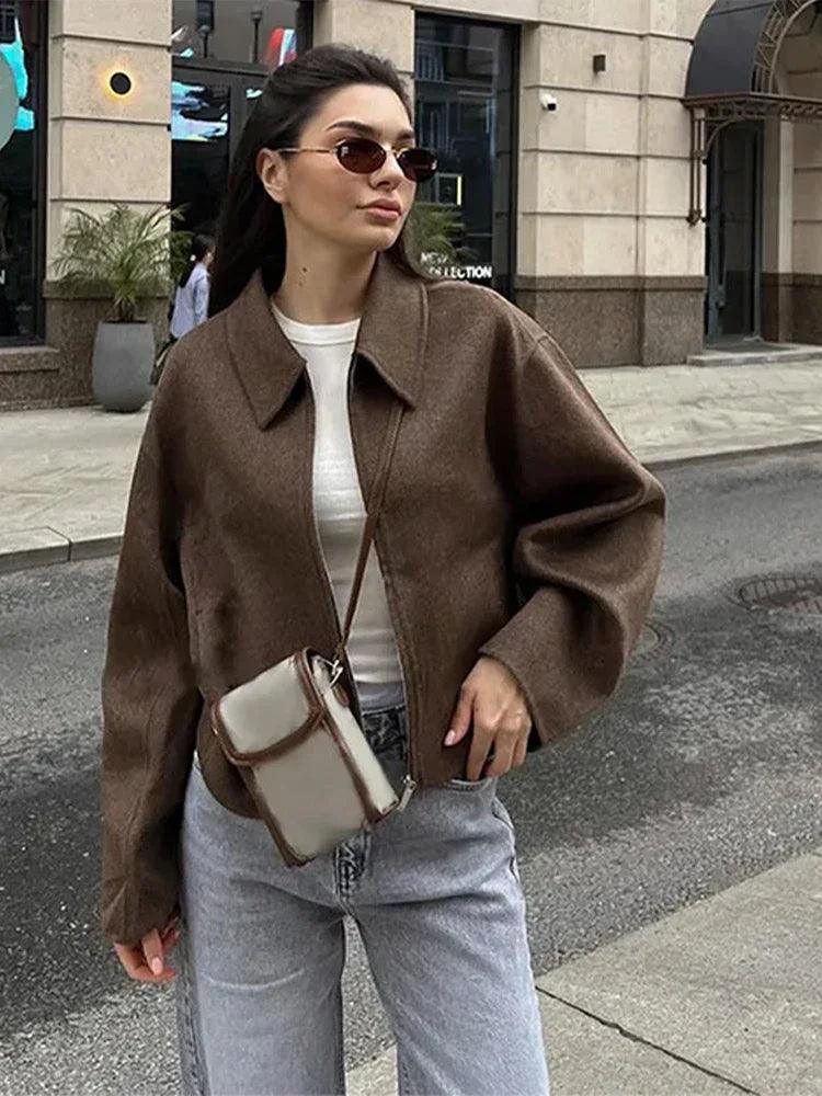 Women's Brown Woolen Jacket – Elegant Short Coat with Zipper & Lapel