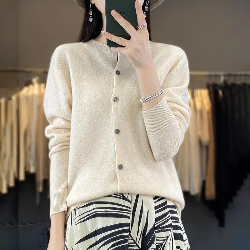 Women’s O-Neck 100% Merino Wool Cashmere Cardigan