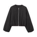 Women's Woolen Bomber Jacket – Solid Zipper Short Coat with Pockets