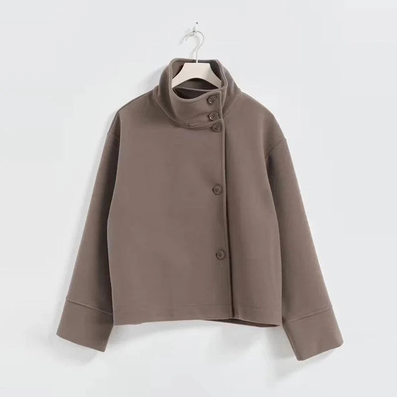 Stand Collar Women’s Woolen Coat – Elegant Single Breasted Short Jacket