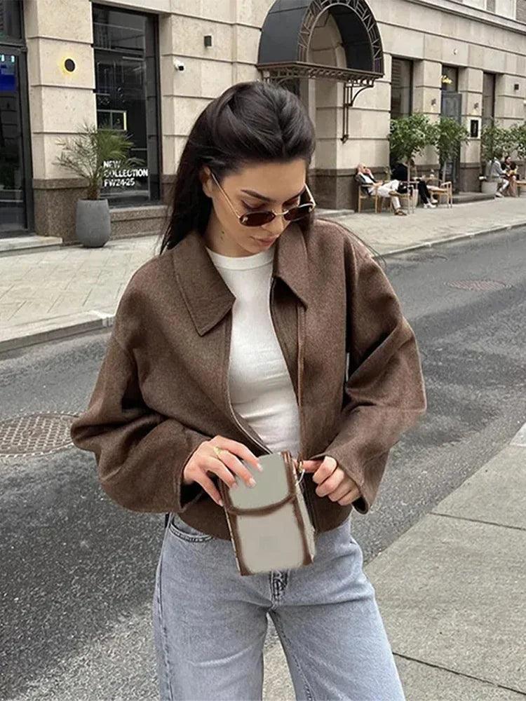 Women's Brown Woolen Jacket – Elegant Short Coat with Zipper & Lapel