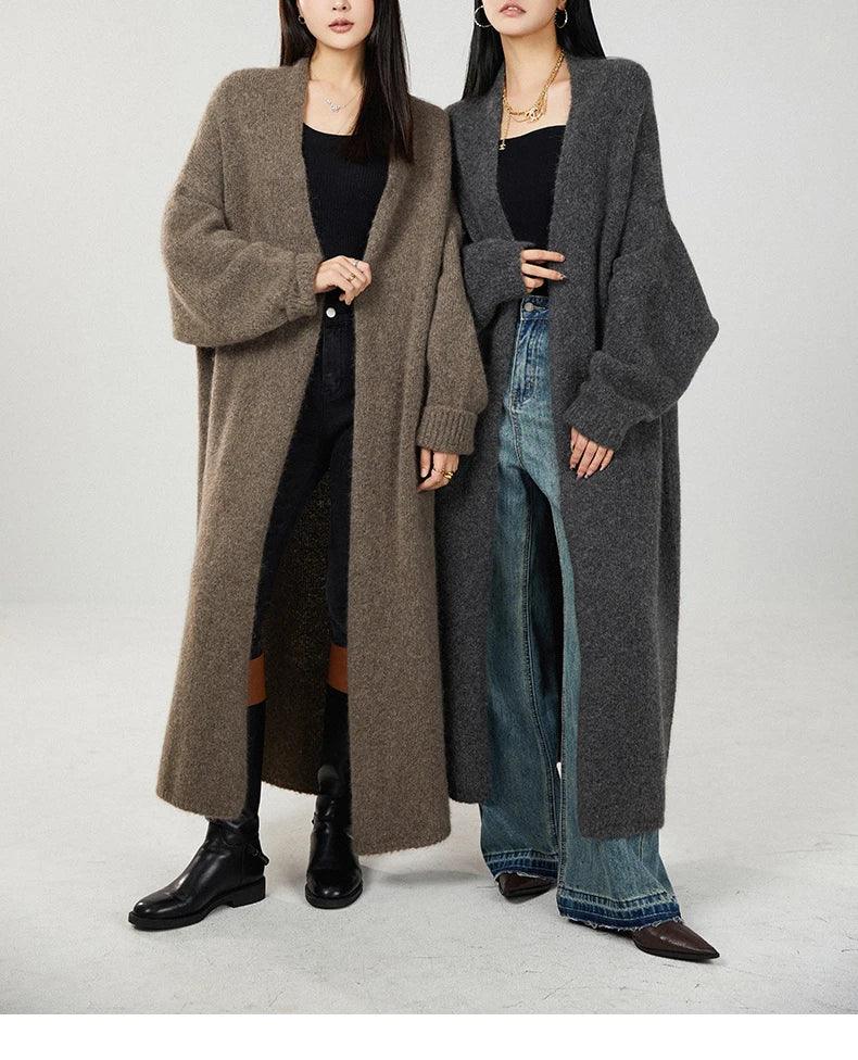 Women's Cashmere Long Cardigan Coat – Buttonless, Shawl Collar, Plus Size, Luxury Knitwear