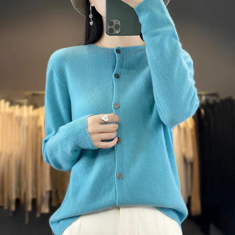 Women’s O-Neck 100% Merino Wool Cashmere Cardigan