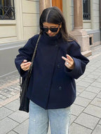 Stand Collar Women’s Woolen Coat – Elegant Single Breasted Short Jacket