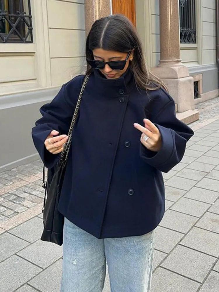 Stand Collar Women’s Woolen Coat – Elegant Single Breasted Short Jacket