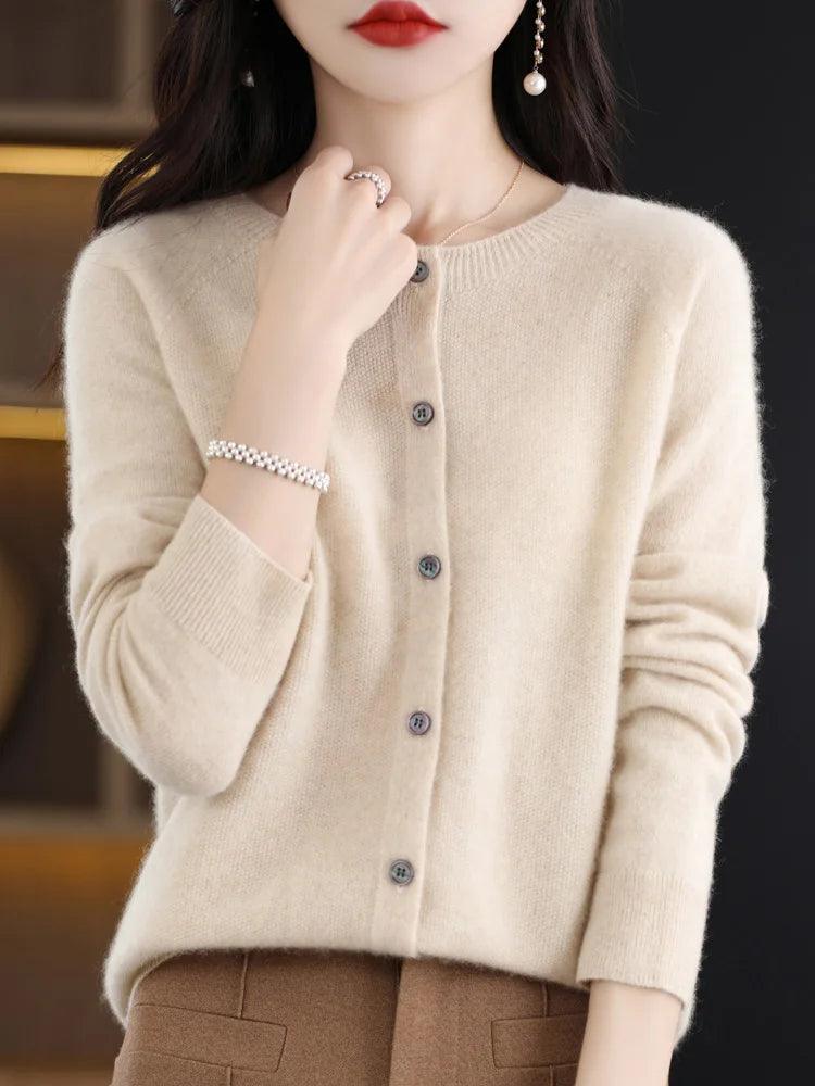 Women’s O-Neck 100% Merino Wool Cashmere Cardigan