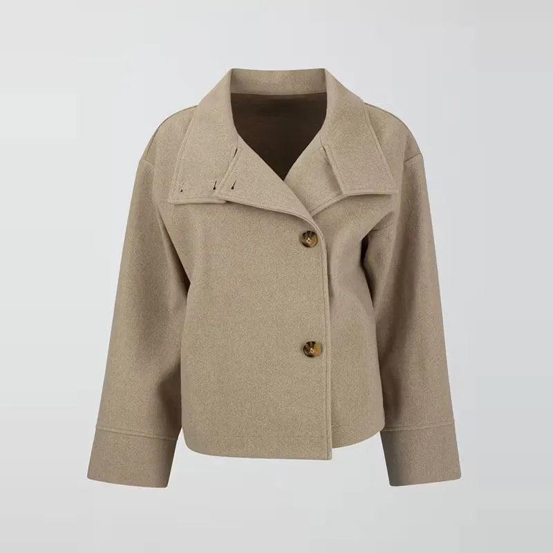 Stand Collar Women’s Woolen Coat – Elegant Single Breasted Short Jacket