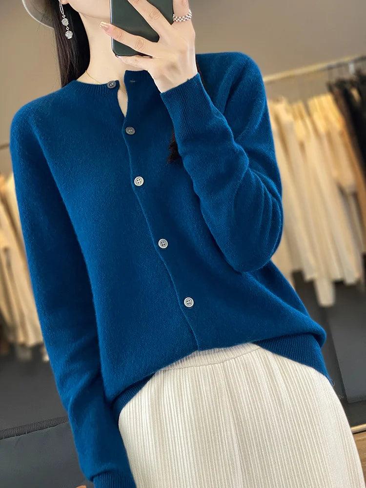 Women’s O-Neck 100% Merino Wool Cashmere Cardigan
