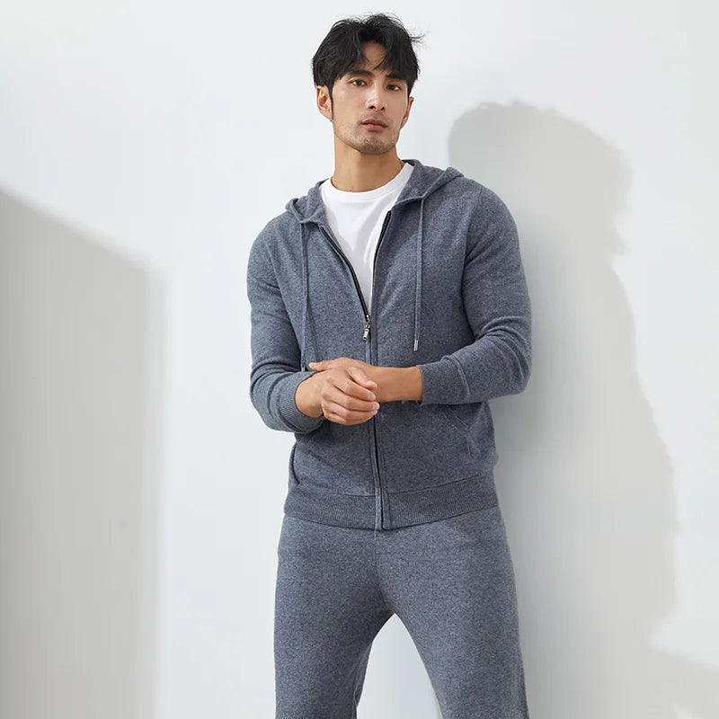 100% Goat Cashmere Hooded Cardigan – Men's Zipper Knit Hoodie