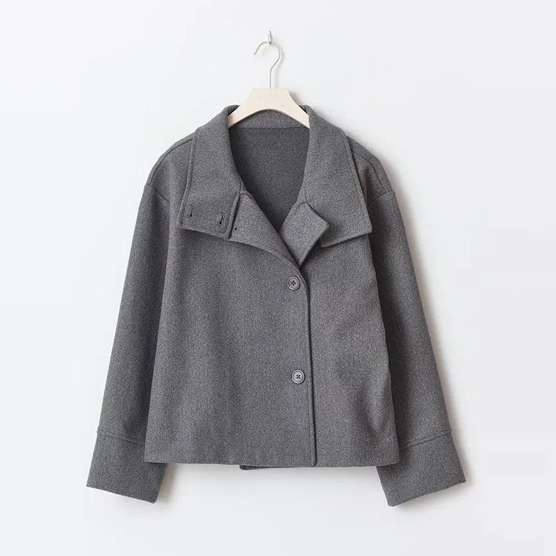 Stand Collar Women’s Woolen Coat – Elegant Single Breasted Short Jacket