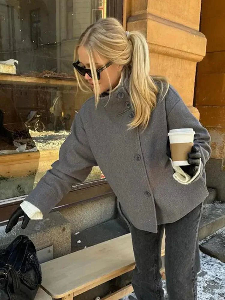 Stand Collar Women’s Woolen Coat – Elegant Single Breasted Short Jacket