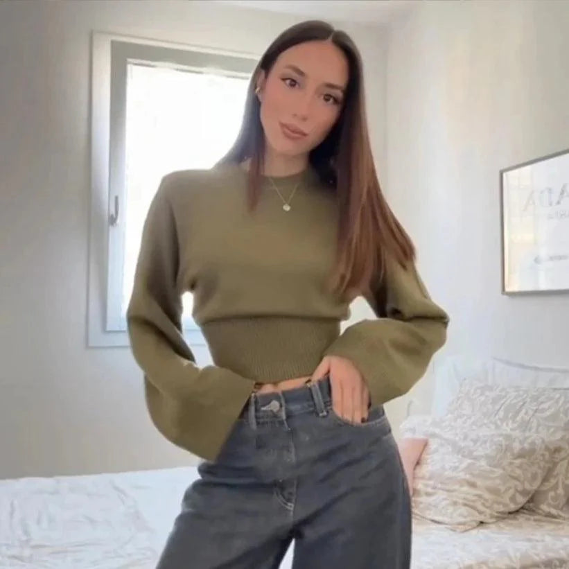 Women's Loose Sleeve Knitted Sweater – Ultra-Wide Ribbed Hem Cardigan