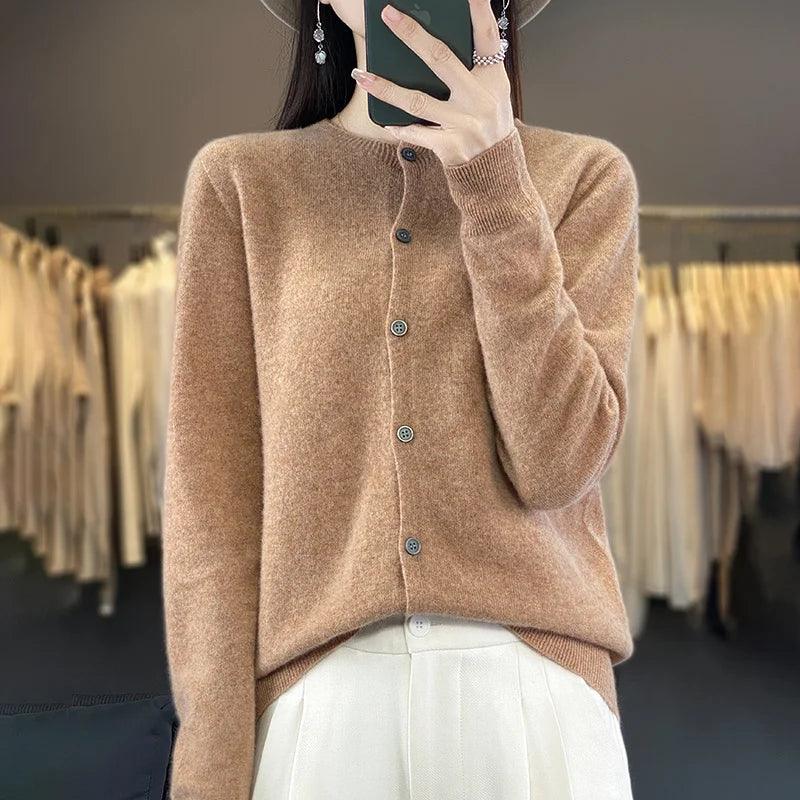 Women’s O-Neck 100% Merino Wool Cashmere Cardigan