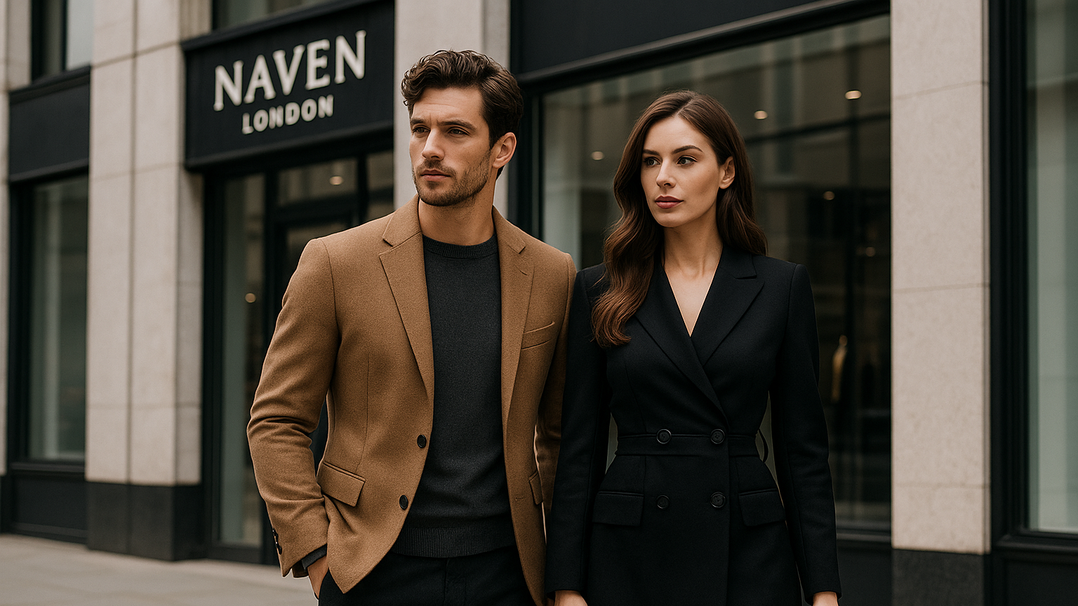 show man and women with naven london in the back